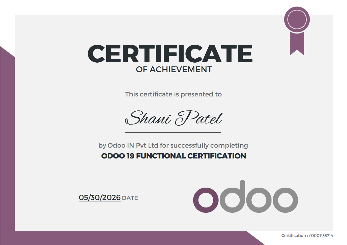 Shani Patel — Odoo Certification